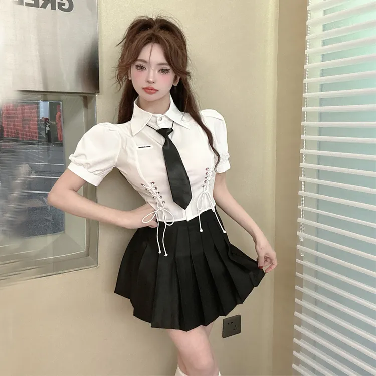 辣妹短款收腰设计泡泡袖白色衬衫套装百褶裙学院风工作服两件套