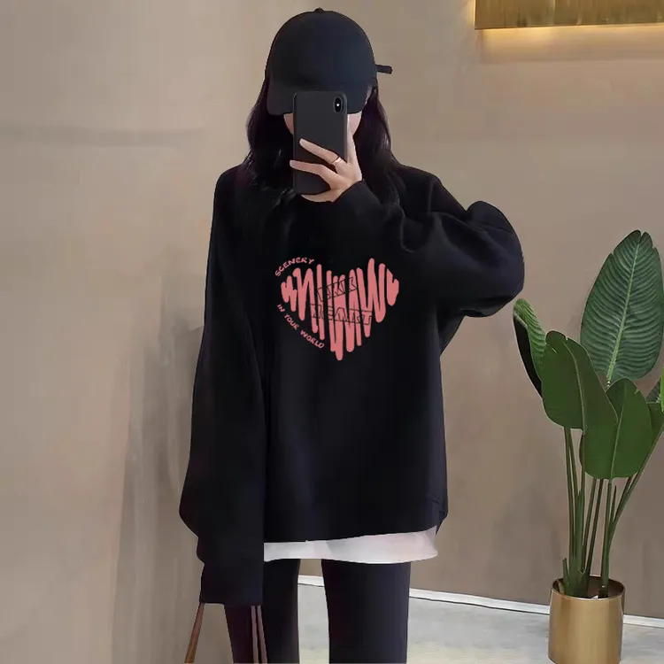 假两件纯棉卫衣女2025秋冬新款韩版宽松中长款遮屁股加绒加厚上衣