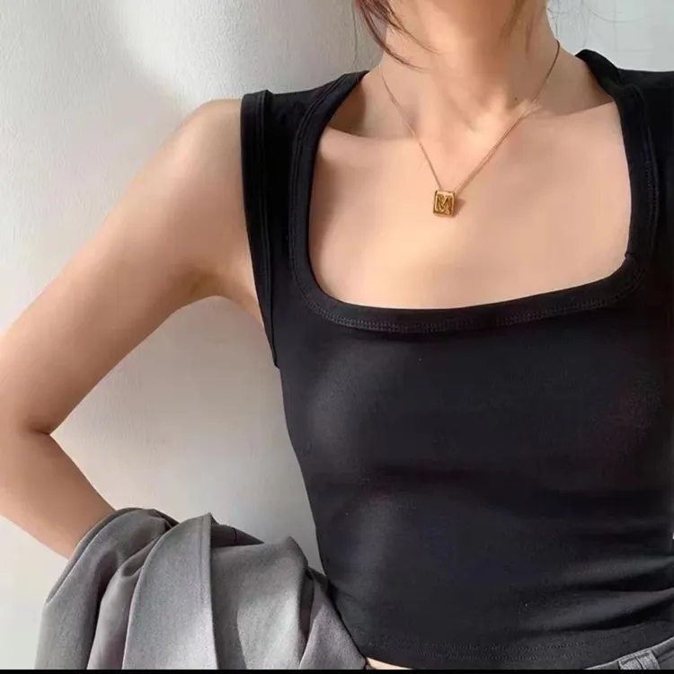 带胸垫方领露锁骨无袖背心女2022年夏季韩版百搭纯色抹胸打底上衣