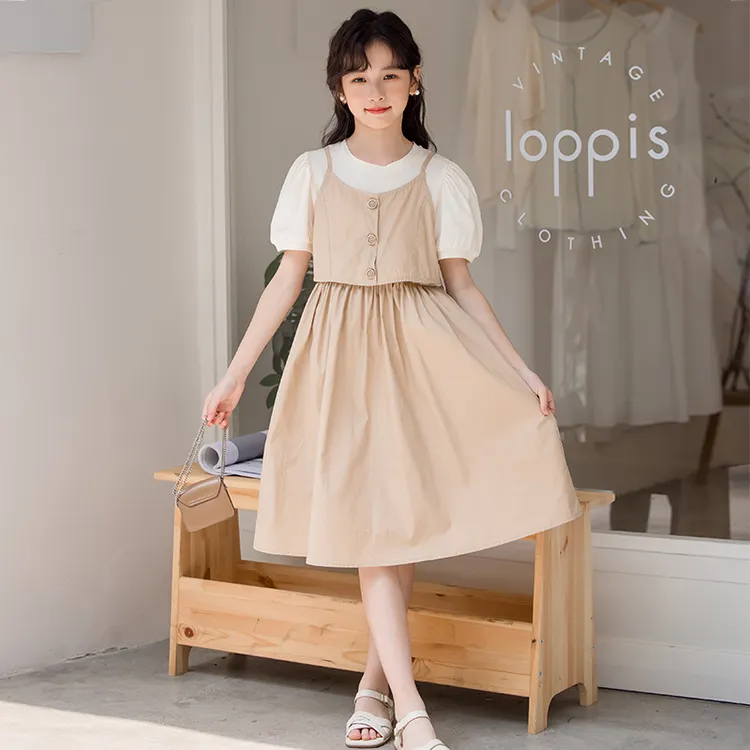女童夏季假两件连衣裙2024新款时髦童装英伦风中大童洋气公主裙棉