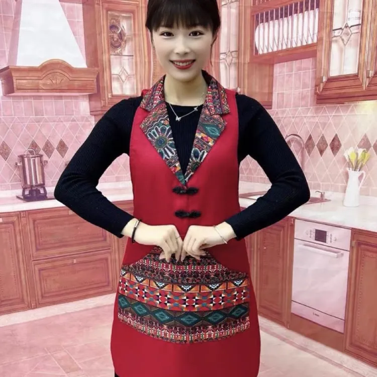 盘扣2024新款复古翻领民族风防水马甲围裙罩衣餐厅工作服定制logo