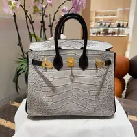 99新 Hermes/爱马仕 /Birkin25 雾面鳄鱼珍珠灰拼黑 