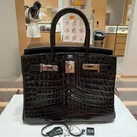 99新 Hermes/爱马仕 0096/birkin 30亮面两点鳄鱼  黑银 