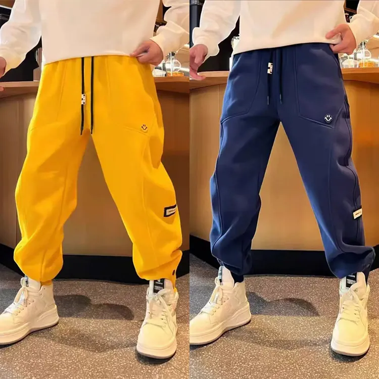 简约立体裁剪百搭时尚宽松个性笑脸时尚潮流男士冬季加绒束脚裤子