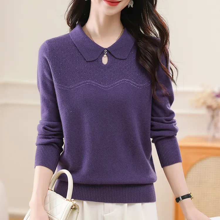 娃娃领镶钻羊毛衫女100纯羊毛打底秋冬季新款针织毛衣加大码上衣