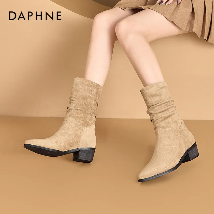 达芙妮复古西部牛仔靴秋冬新款女鞋中筒时尚堆堆靴厚底翻毛皮短靴