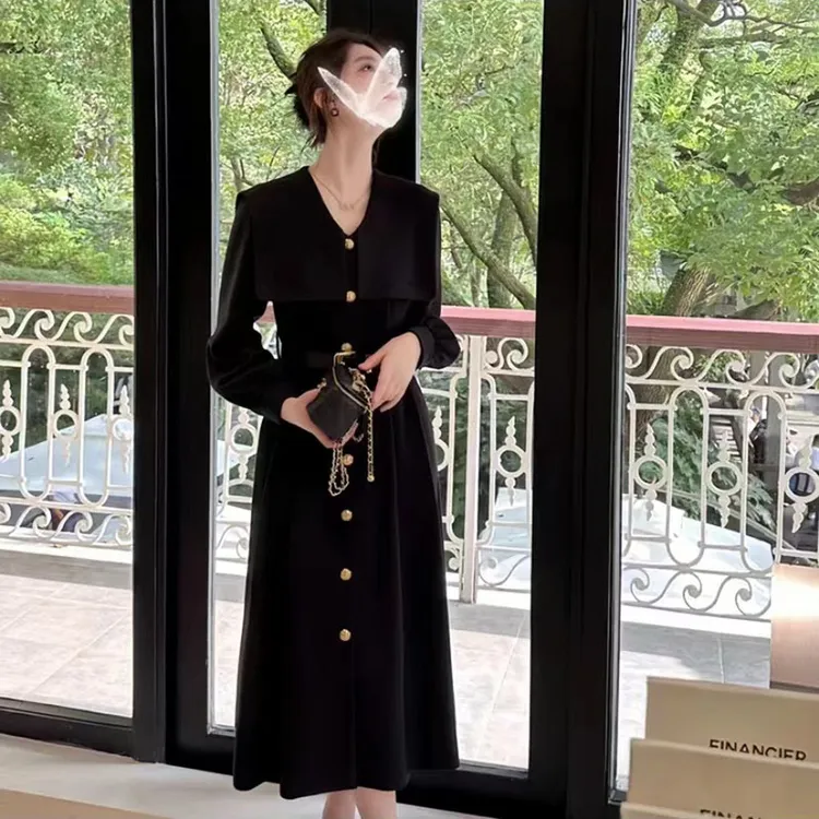 秋季女装连衣裙法式赫本风腰带收腰长裙名媛长袖呢子显瘦过膝裙子