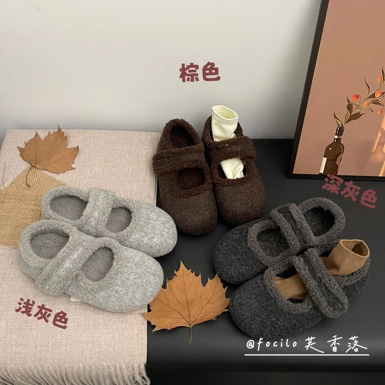 魔术贴加绒玛丽珍鞋女冬毛毛鞋2025年新款内增高毛呢勃肯棉鞋子