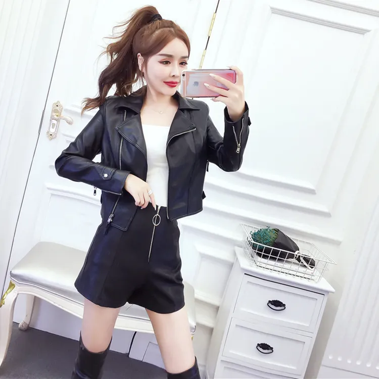 修身短款机车服皮衣皮短裤套装女春秋时尚洋气小个子皮夹克两件套