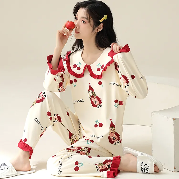 睡衣女大码200斤春秋纯棉长袖可爱娃娃领学生家居服胖mm宽松套装