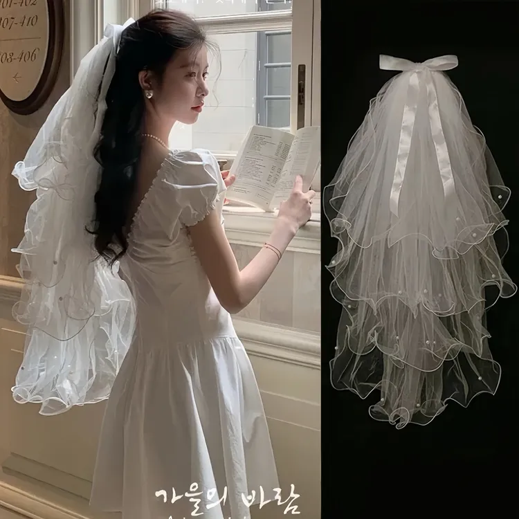 头纱领证登记求婚蝴蝶结演唱会蓬蓬纱新娘结婚头饰高级拍照发夹