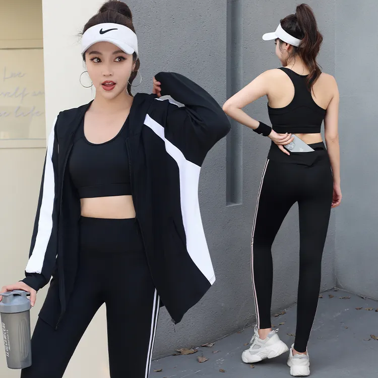 春夏季新款瑜伽服女套装宽松显瘦拼色连帽开衫跑步运动健身套装女