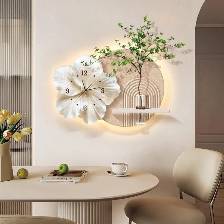 水培绿植餐厅装饰画奶油风立体DIY砂岩壁灯画客厅背景墙钟表挂画