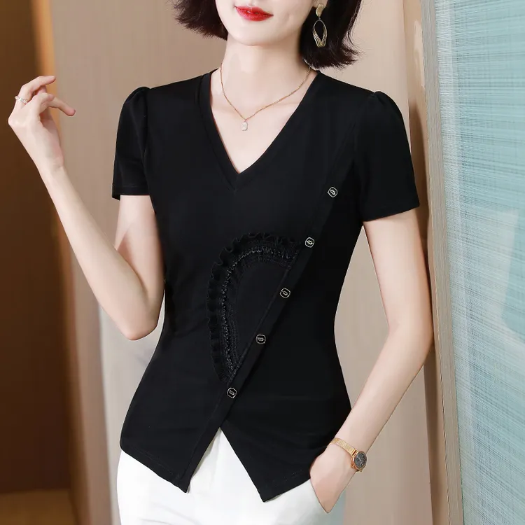 【品牌正品】50107上衣2024新款黑色洋气显瘦气质收腰v领简约上衣