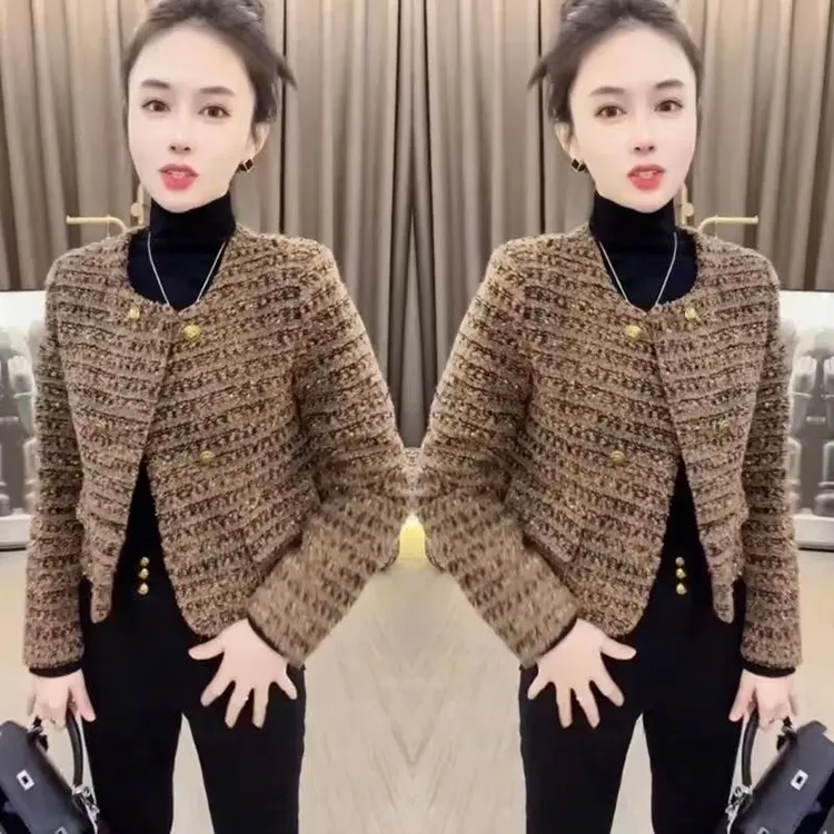 小香风女外套2024春秋装新款纯色编织圆领加棉加厚减龄小个子上衣