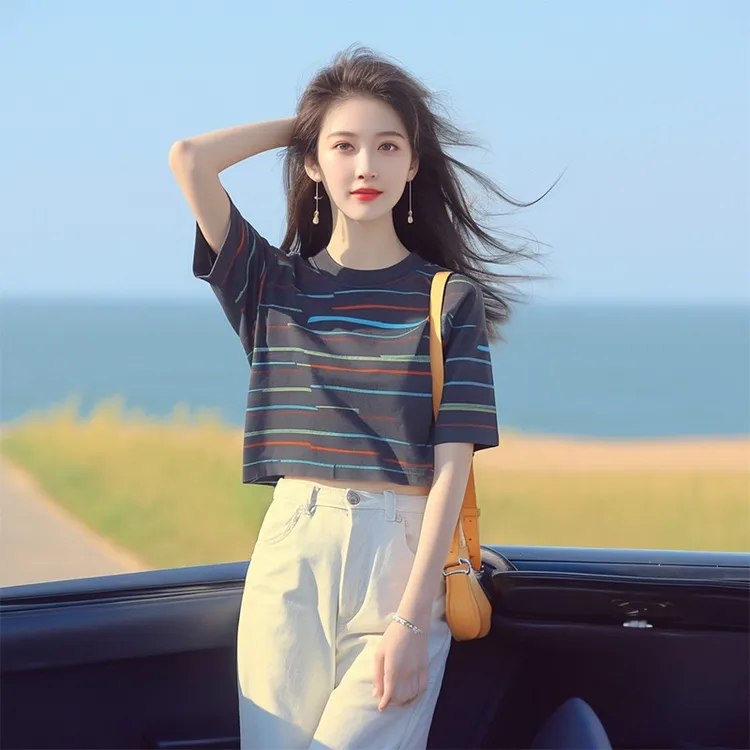 2025夏季韩系chic洋气独特别致漂亮上衣宽松百搭显瘦短款条纹T恤