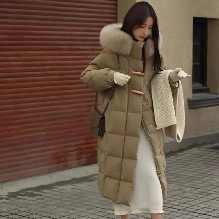 网红同款环保毛领款时尚宽松加厚过膝冬季保暖连帽羽绒服中长款