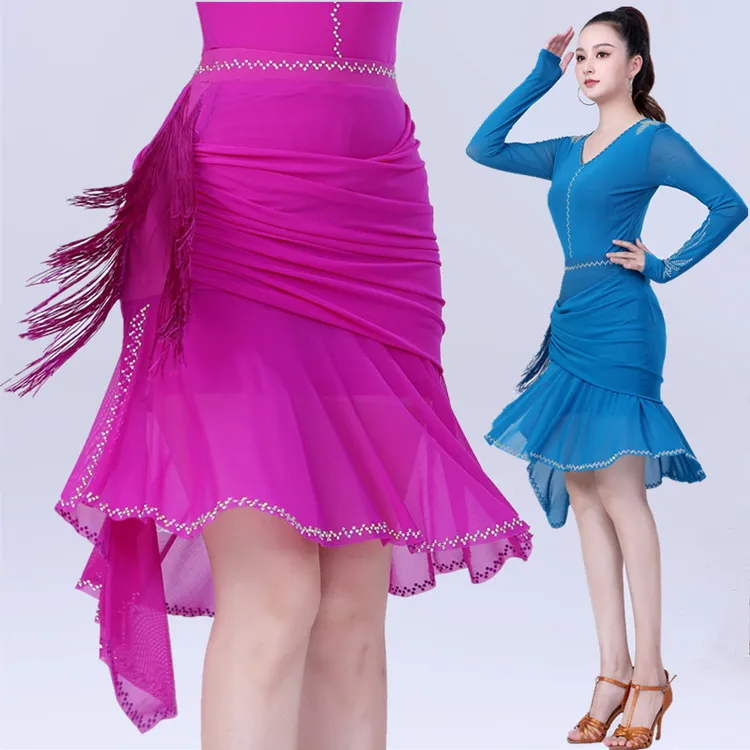 拉丁舞服装女V领烫钻套指连档跳舞衣国标舞流苏不规则裙摆半身裙