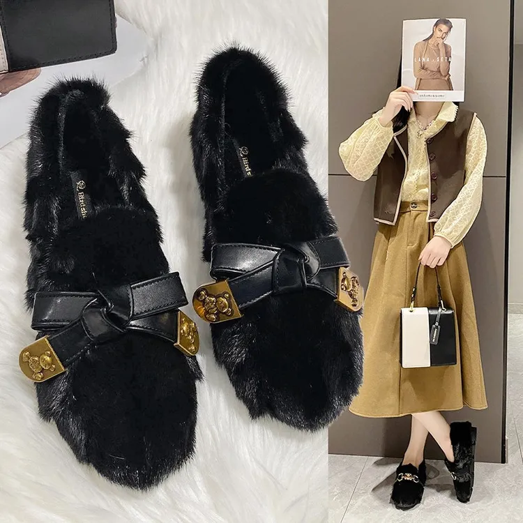 35-42码真水貂毛毛鞋女外穿时尚洋气加绒豆豆鞋2025冬季新品棉鞋