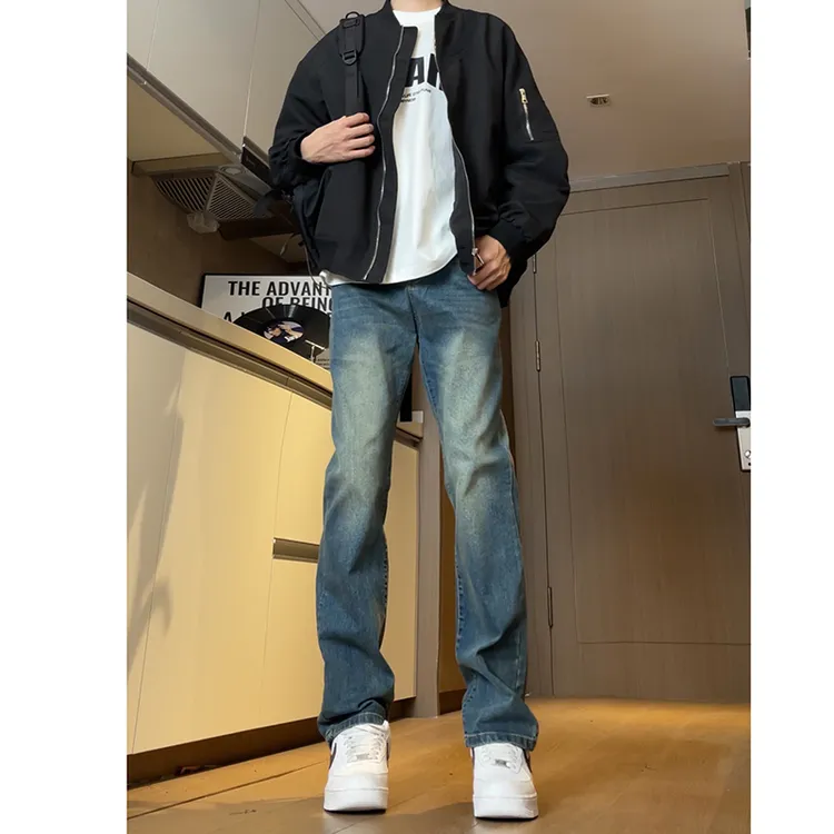 美式小直筒微宽松牛仔裤男水洗高街合体cleanfit直筒牛仔裤长裤男