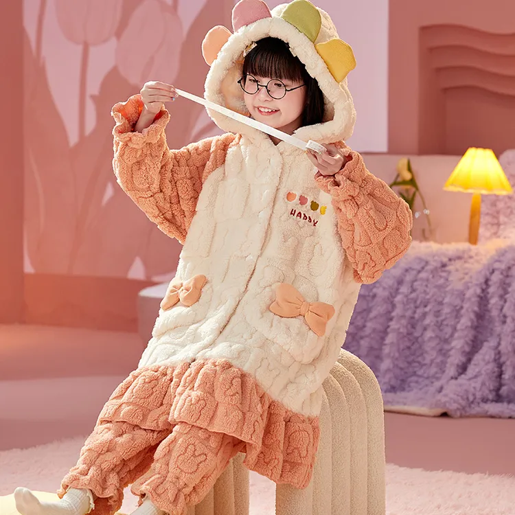 少女女童秋冬睡衣套装加绒加厚洋气网红爆款2024新款可外穿家居服