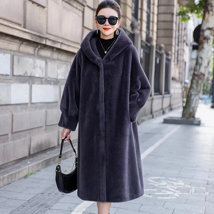 高档轻奢米兰欧貂绒皮毛一体连帽长款大衣仿水貂品质皮草外套