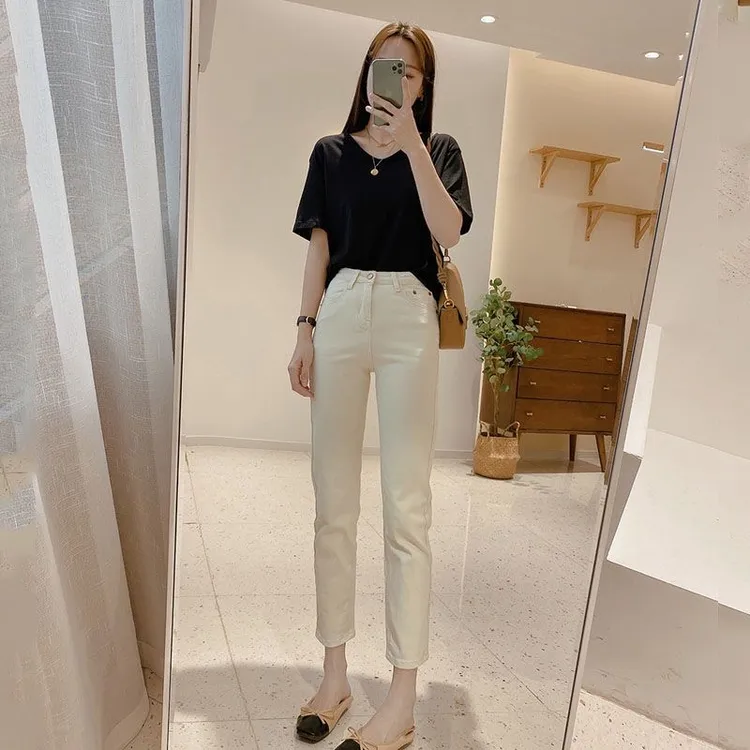 奶杏色直筒牛仔裤女春秋新款2025年修身高腰显瘦时尚百搭烟管裤子