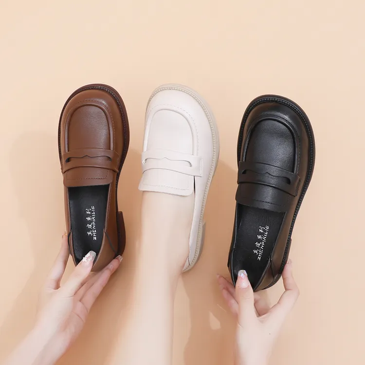 软皮单鞋2025新款平底耐磨乐福鞋英伦风女鞋春秋粗跟圆头一脚蹬