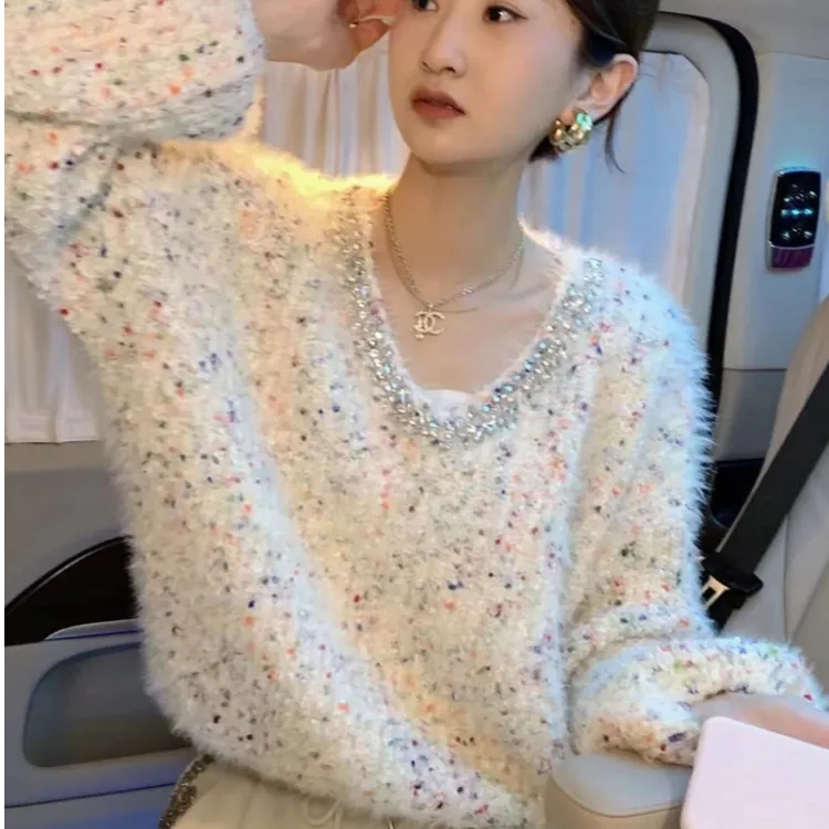 温柔风烫钻V领毛衣女春季穿搭彩虹波点洋气轻奢软糯慵懒针织外套