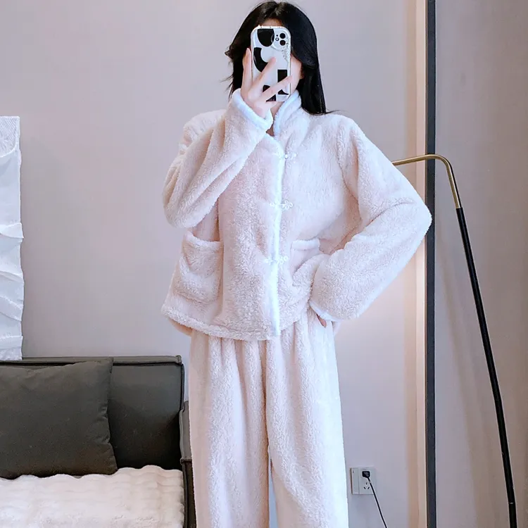 秋冬珊瑚绒睡衣女新中式长毛法兰绒加厚盘扣国风家居服保暖套装