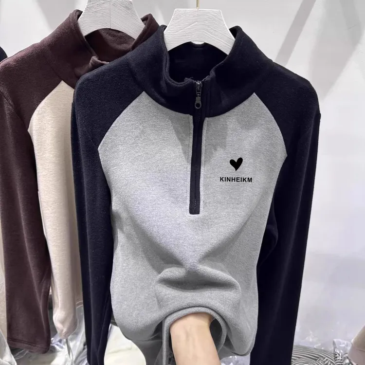 时尚大码胖MM欧货拼接撞色上衣秋冬季半拉链立领双面德绒打底衫女