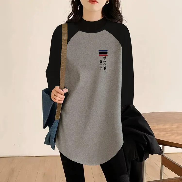 半高领德绒保暖打底衫长袖t恤女中长款加厚秋冬新款撞色内搭上衣