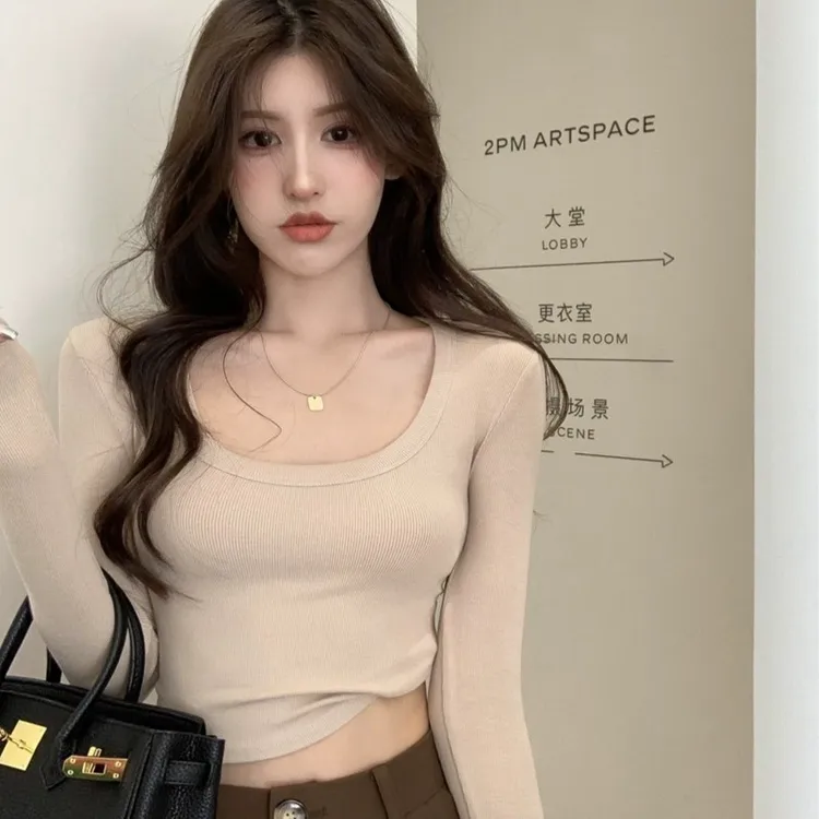 春秋季辣妹U领短款长袖T恤修身弹力螺纹棉上衣性感露脐低领打底衫