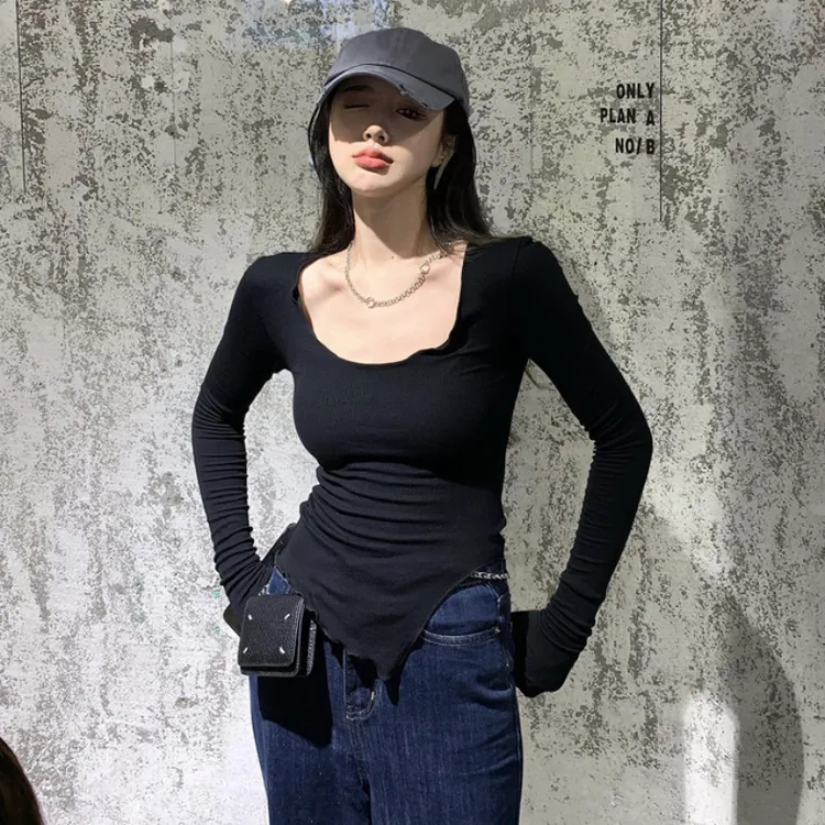 【清清家】2025春不规则洋气打底衫装紧身内搭长袖t恤短款上衣女