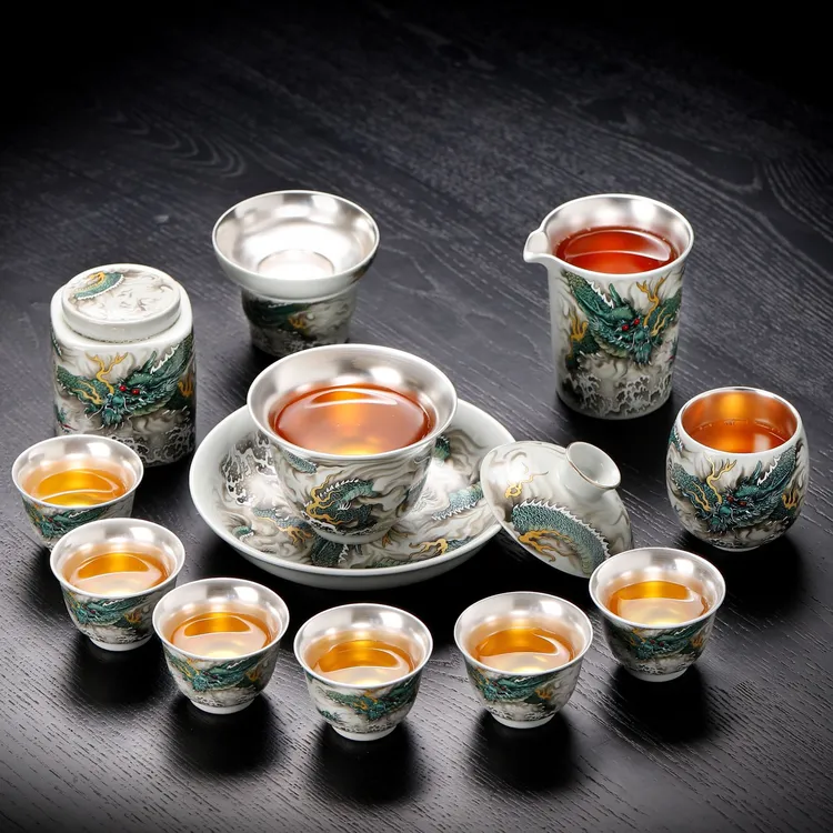 99足银鎏银茶具套装家用手工银上作画养生轻奢送礼陶瓷茶杯套组