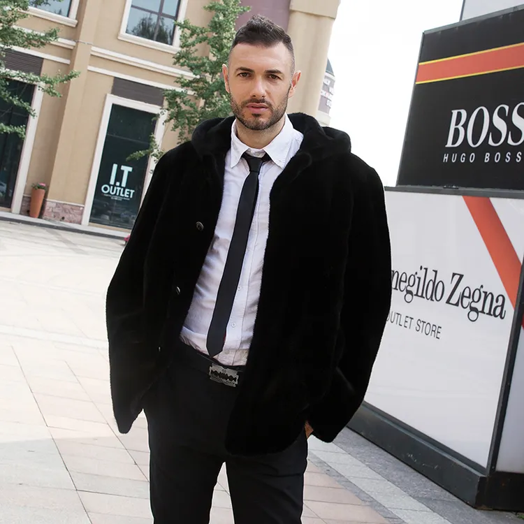 018富贵龙至尊宝嘉美高端貂皮翻领连帽大衣男士休闲中长款黑色