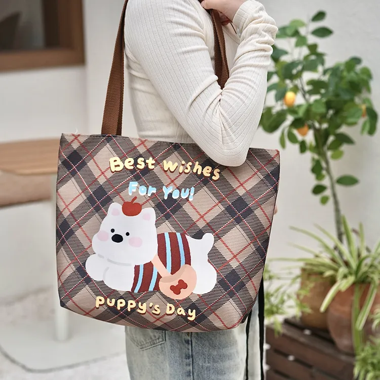 敞口托特包手提款帆布做旧单肩包卡通简约布包印花帆布包上班通勤