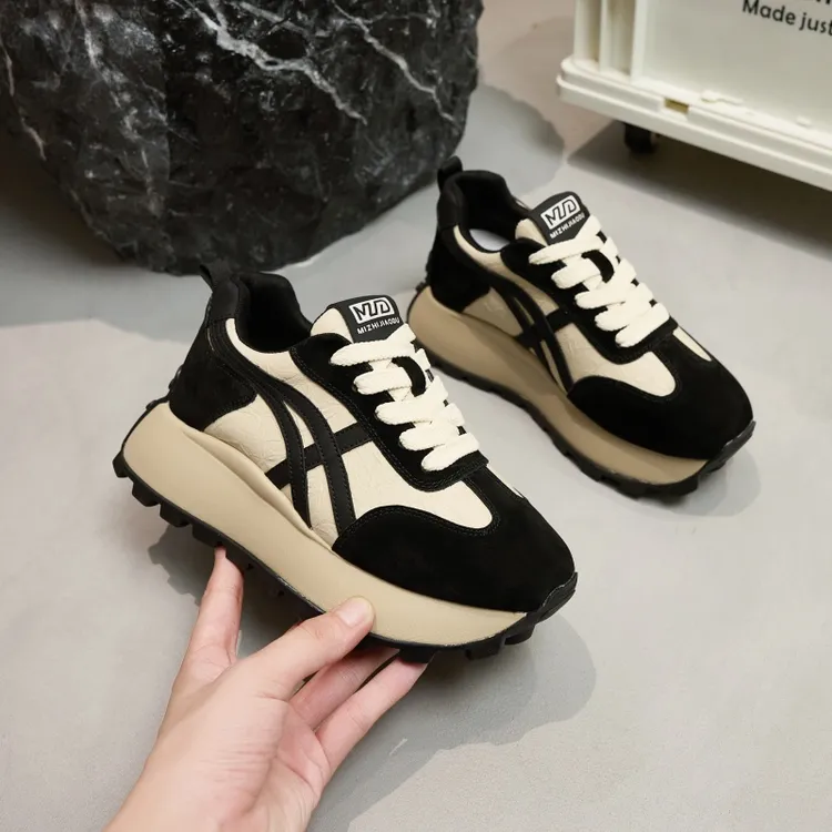 7cm内增高老爹鞋女2024秋冬新款真皮复古德训鞋小个子厚底阿甘鞋