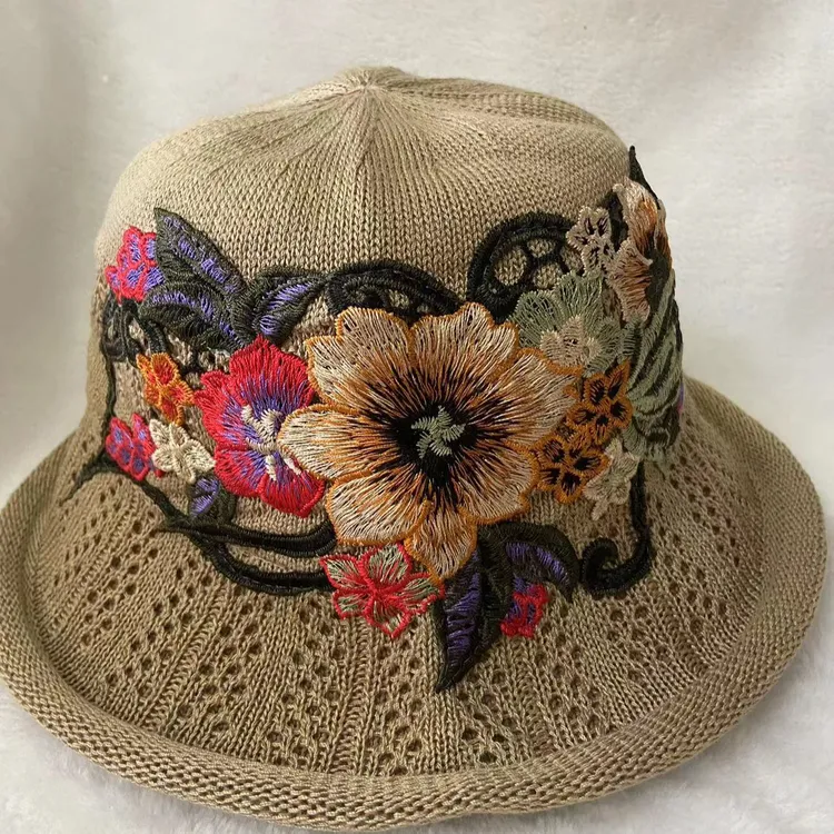 手工编织卷边折叠绣花刺绣户外夏季时尚休闲帽子女透气百搭渔夫帽