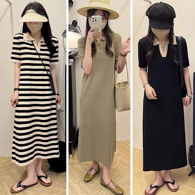 产后辣妈哺乳裙遮肚大码V领夏季短袖针织裙显瘦孕妇装翻领连衣裙