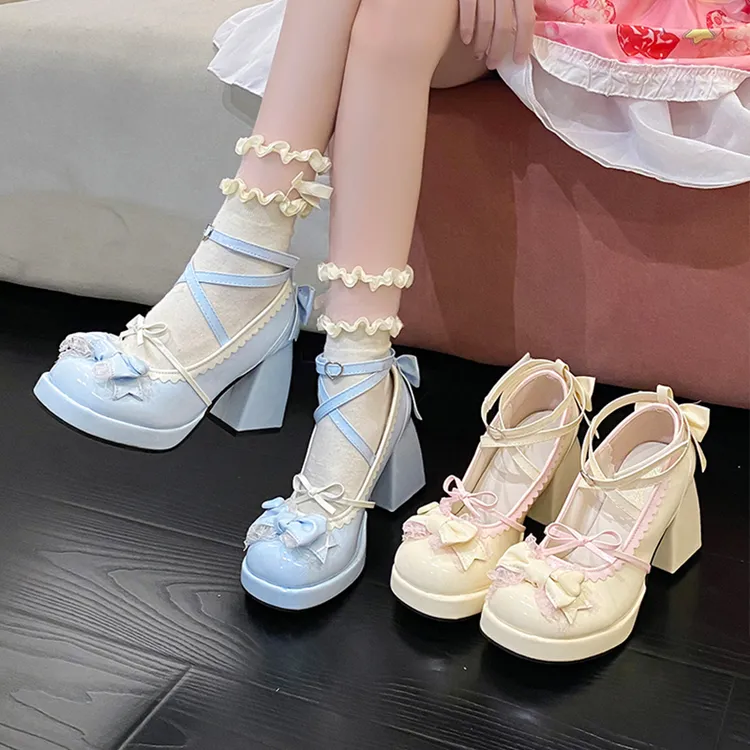 高跟鞋lolita粗跟厚底防水台蓝色日系软妹甜美可爱蝴蝶结鞋子女