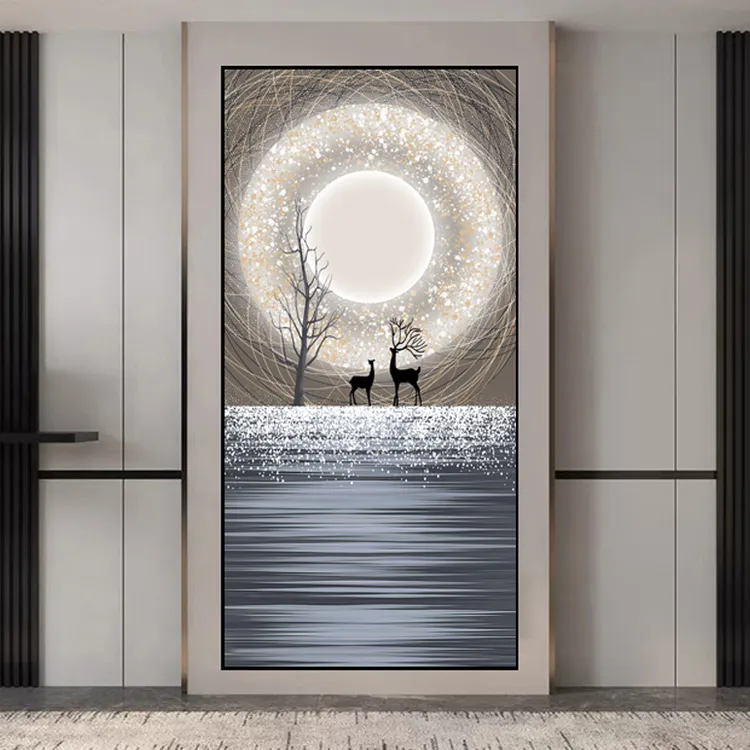 双鹿图装饰画轻奢风带灯大气挂画客厅正对入户门壁画灯光画