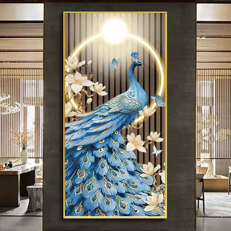 新中式入户玄关装饰画高端大气客厅走廊过道带灯挂画晶瓷镶钻壁画