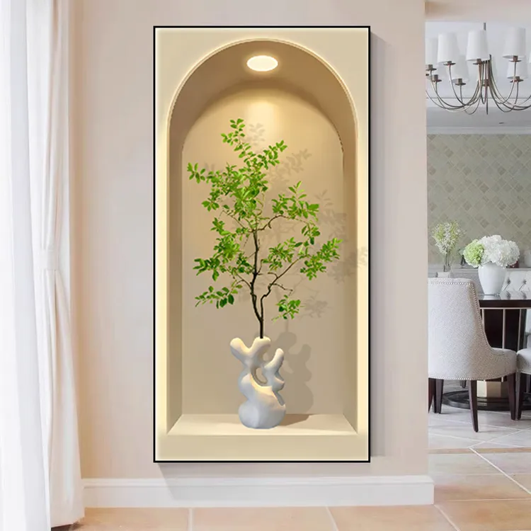 绿植小清新装饰画现代简约过道走廊带灯挂画进门壁画正对入户门