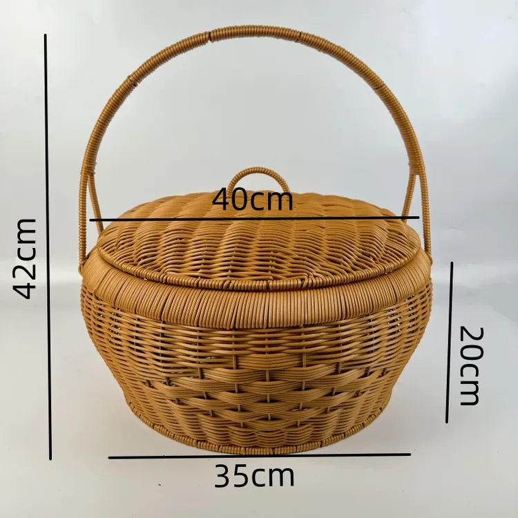XK01仿藤手工编织编花手提篮 户外野餐篮加大号圆形拜拜篮40*20