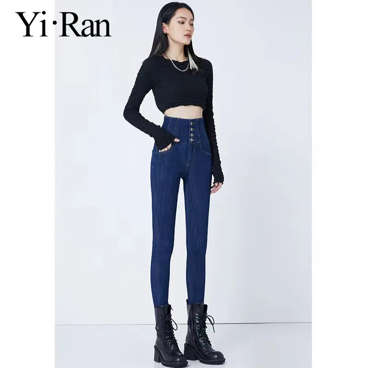 2025年秋冬加绒深蓝色高腰牛仔裤女弹力紧身小脚修身显瘦九分长裤
