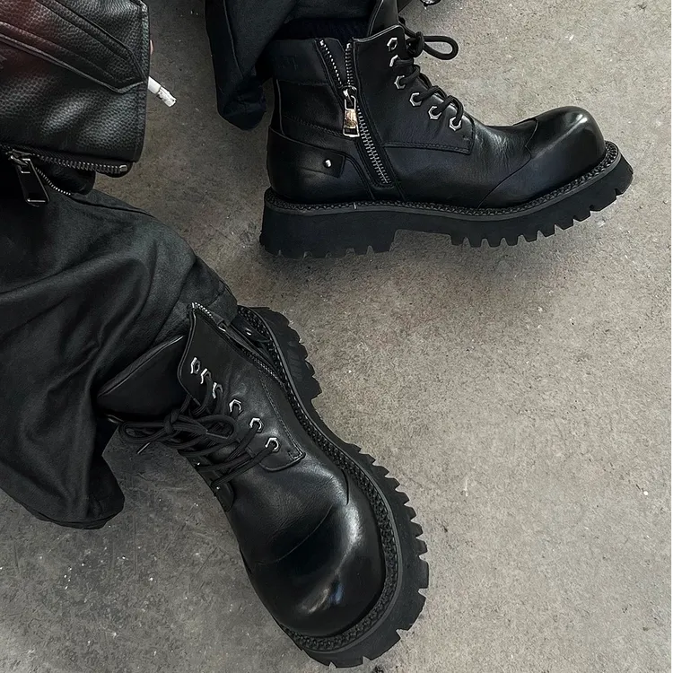 韩桥日记[黑血系列]头层牛皮高帮大头德比鞋厚底大黑靴男短筒靴子