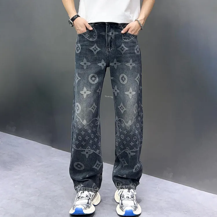 高端男士牛仔裤宽松直筒休闲裤潮牌印花美式牛仔裤欧美潮流牛仔裤