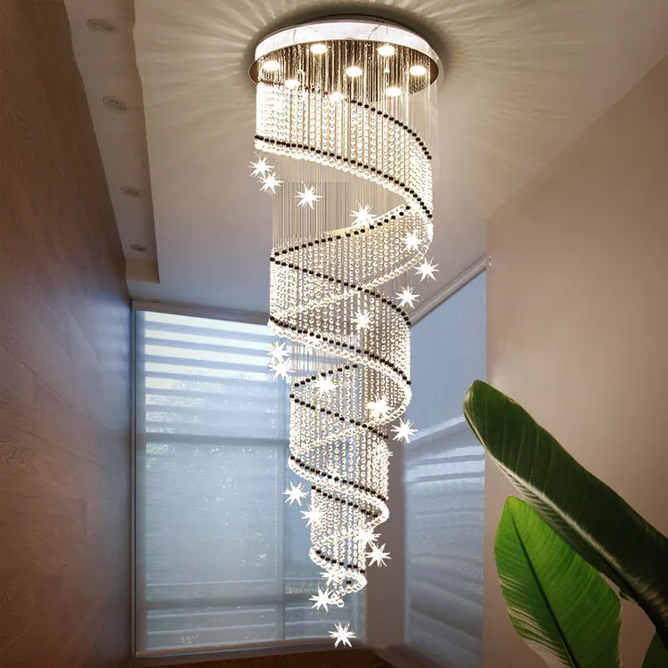 楼梯吊灯loft复式楼灯现代简约挑空旋转新款满天星轻奢水晶长吊灯
