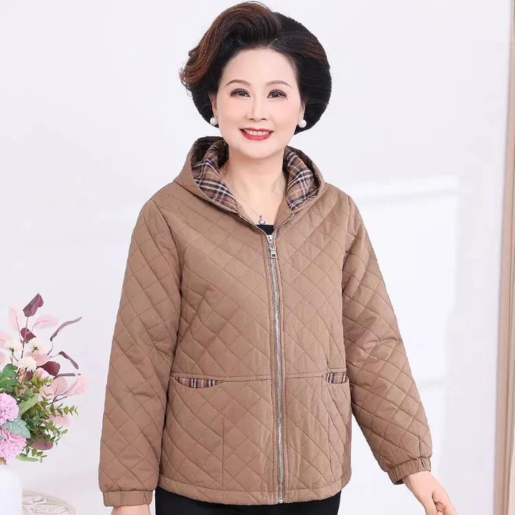 303中老年女装春装夹棉外套妈妈装夹克奶奶装纯棉洋气连帽上衣